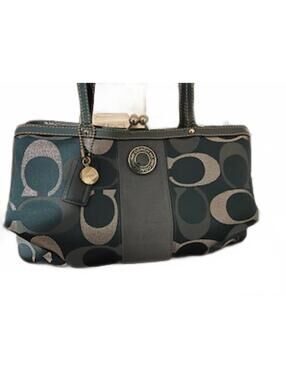 Coach F20427 Teal/Silver Signature stripe kiss lock satchel bag
